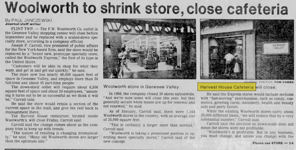 Harvest House Cafeteria - Jul 01 1987 Article (newer photo)